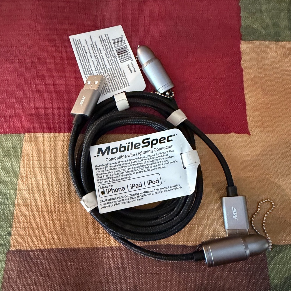 MobileSpec Bullet USB-A to Lightning charging cable. NWT 2 Pack